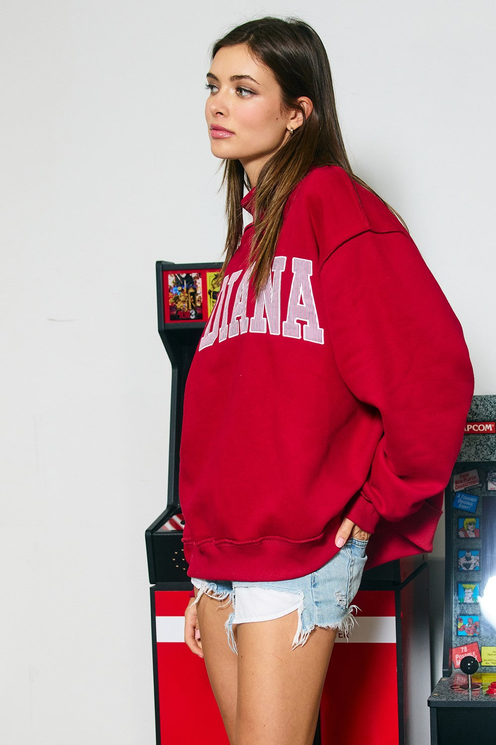 PREORDER: Pinstripe Embroidered Indiana Mock Neck Sweatshirt (LATE JUNE)