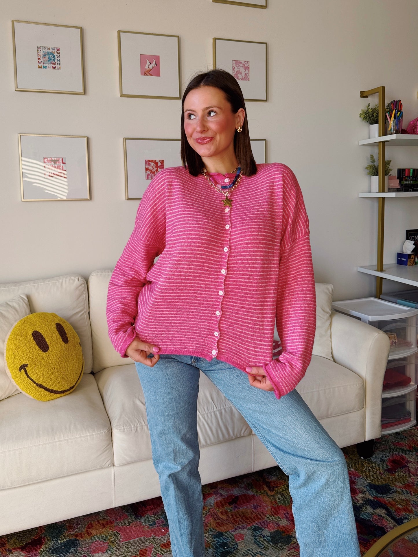 Coffee Run Pinstriped Button Down Cardigan