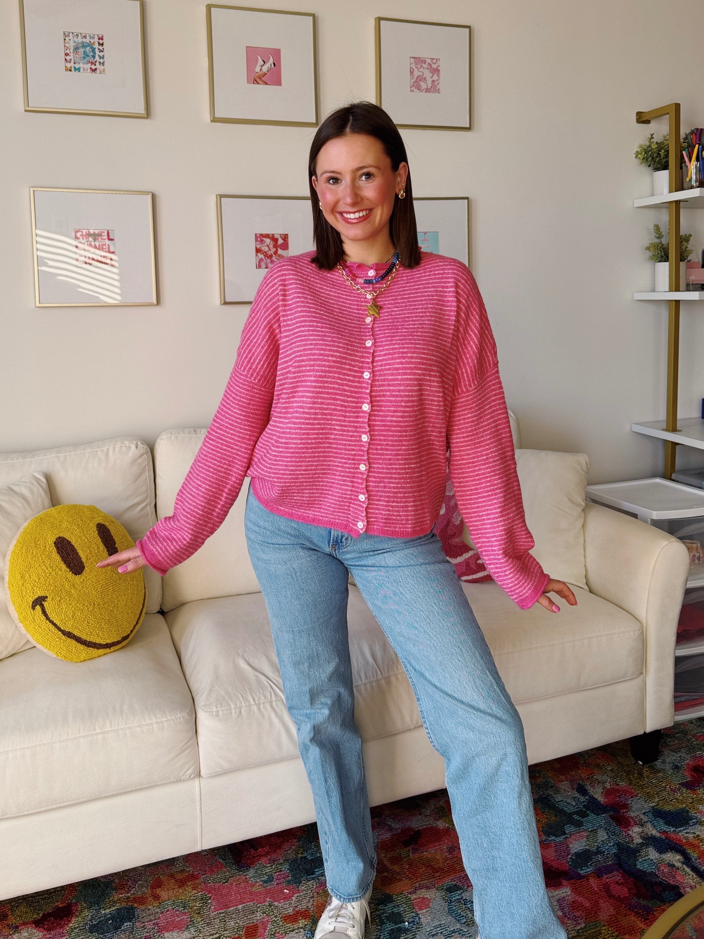 Coffee Run Pinstriped Button Down Cardigan