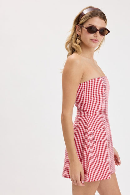 Miss Americana Strapless Gingham Romper Dress