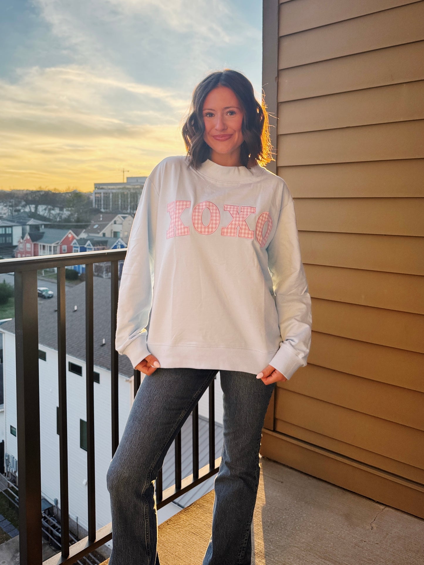 XOXO Gingham Mock Neck Sweatshirt