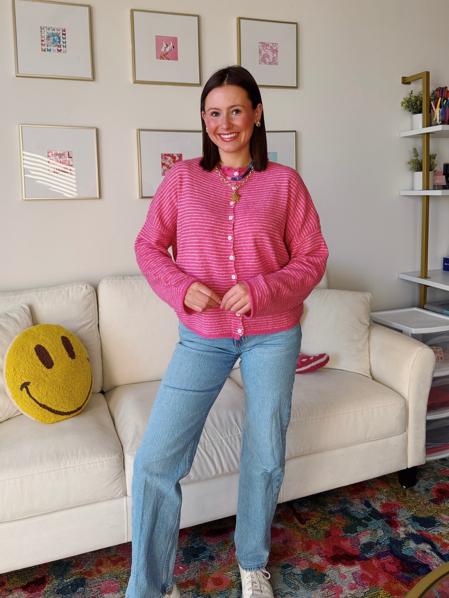 Coffee Run Pinstriped Button Down Cardigan