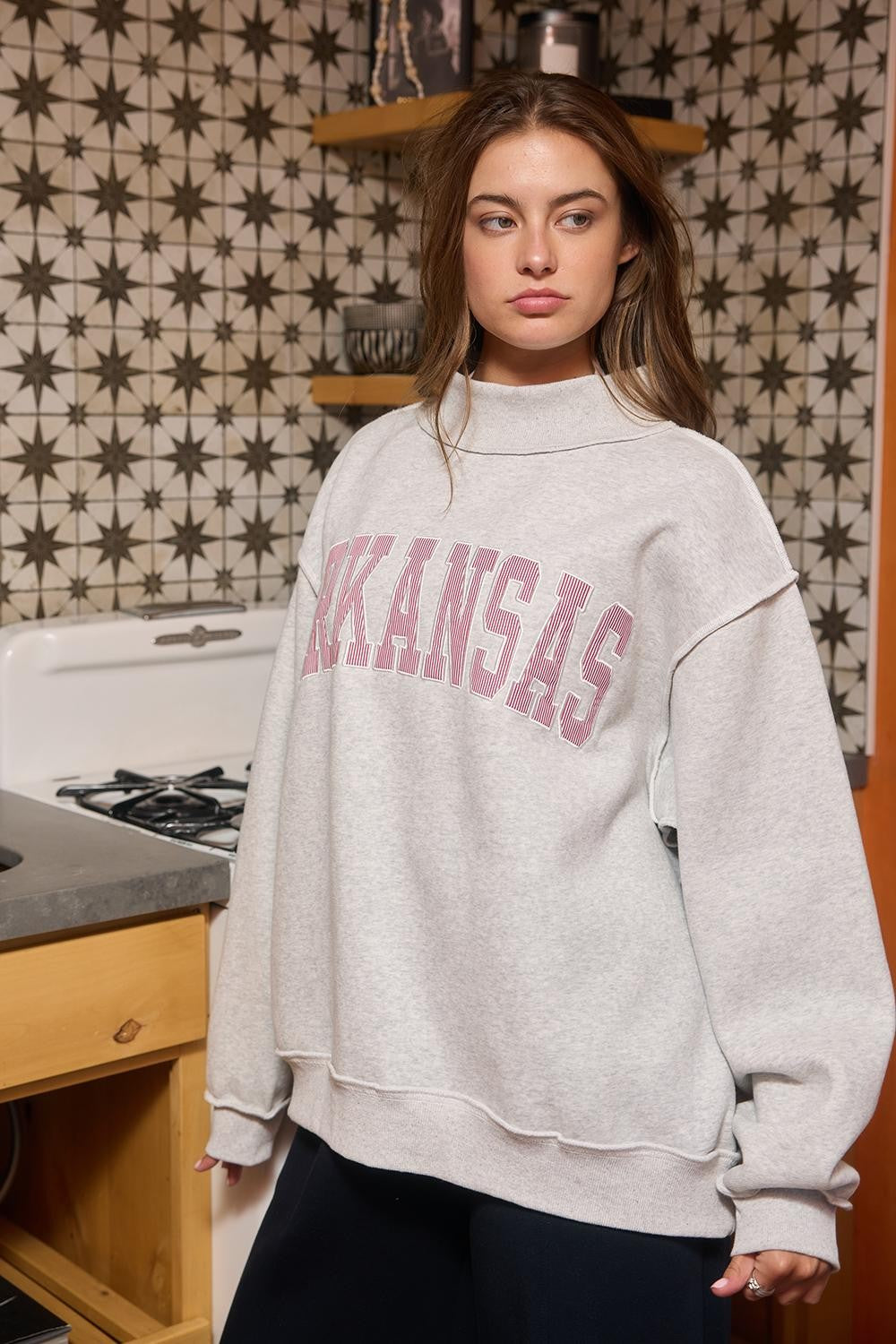 PREORDER: Pinstripe Embroidered Arkansas Mock Neck Sweatshirt (EARLY JULY)