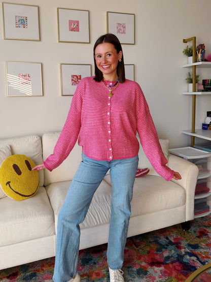 Coffee Run Pinstriped Button Down Cardigan