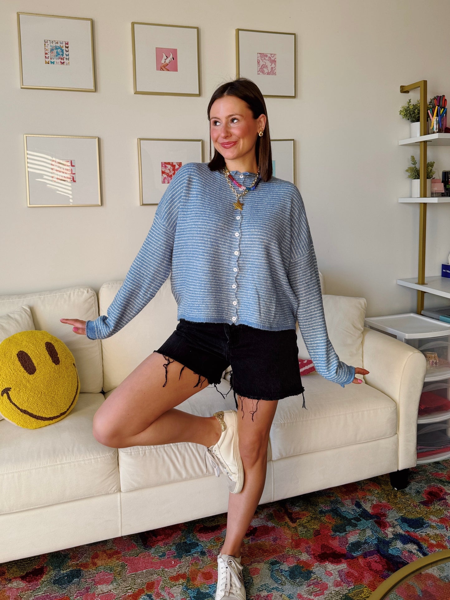 Coffee Run Pinstriped Button Down Cardigan