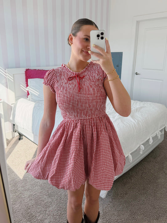 Dollhouse Smocked Gingham Bubble Dress