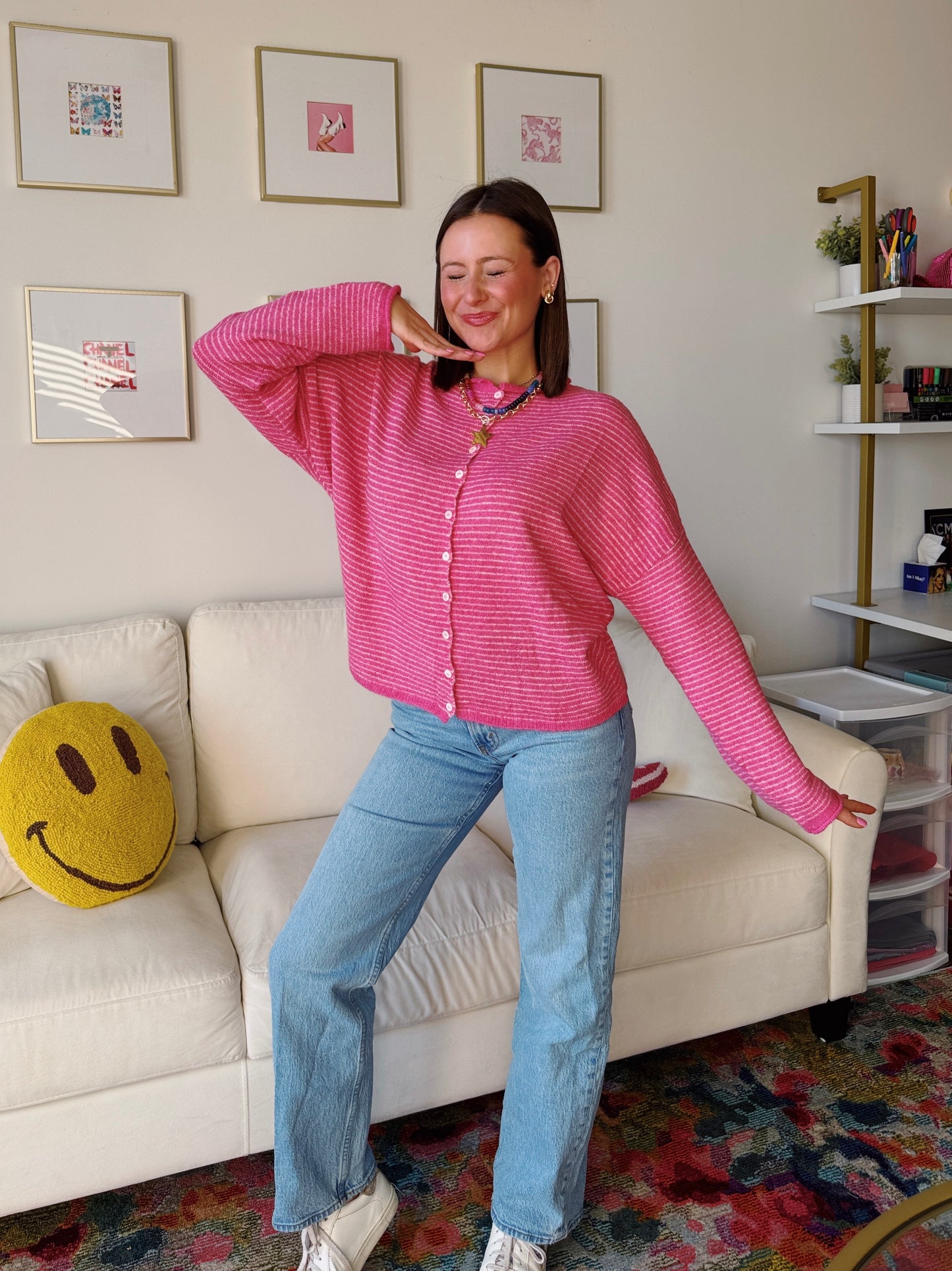 Coffee Run Pinstriped Button Down Cardigan