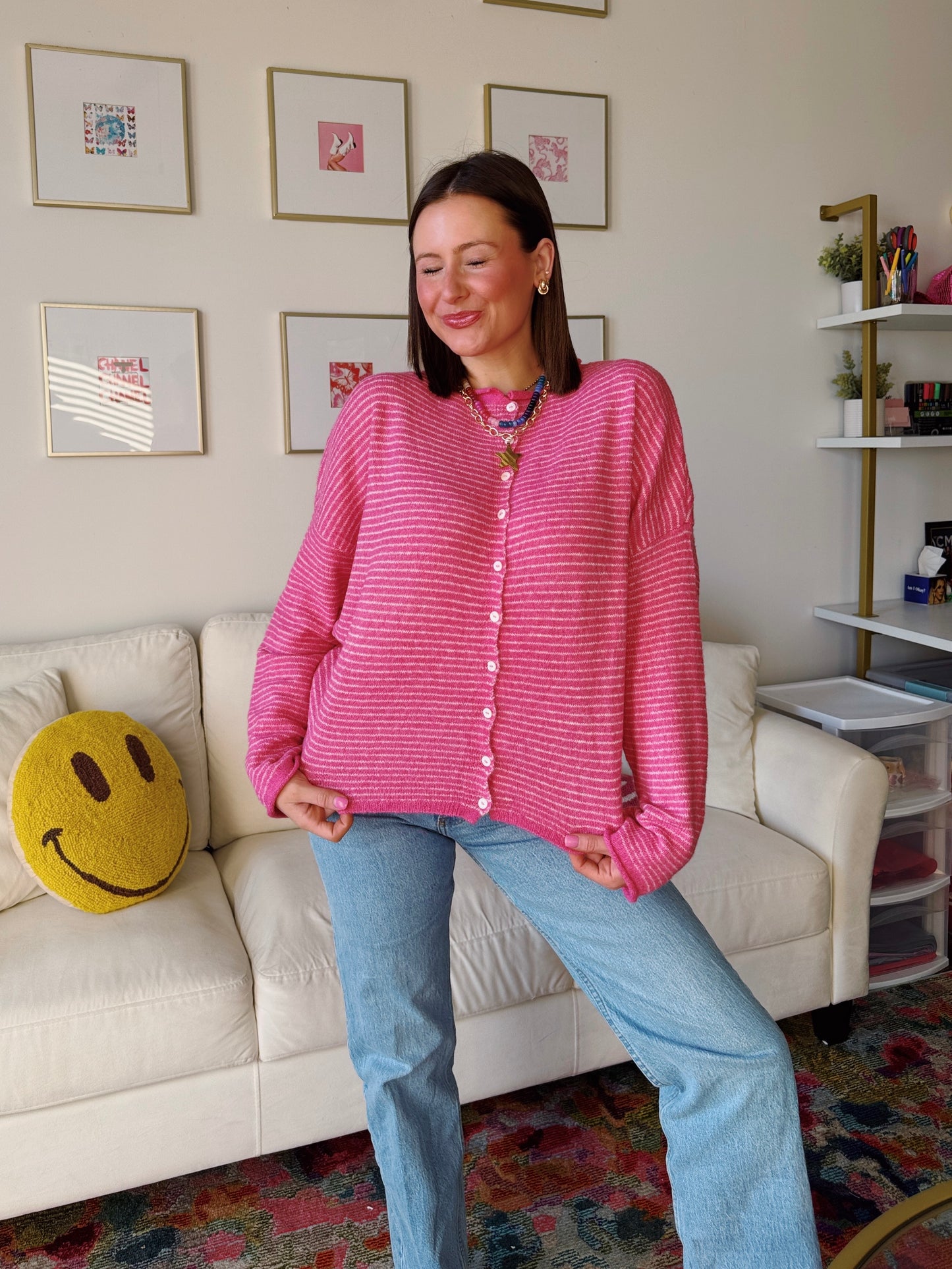 Coffee Run Pinstriped Button Down Cardigan