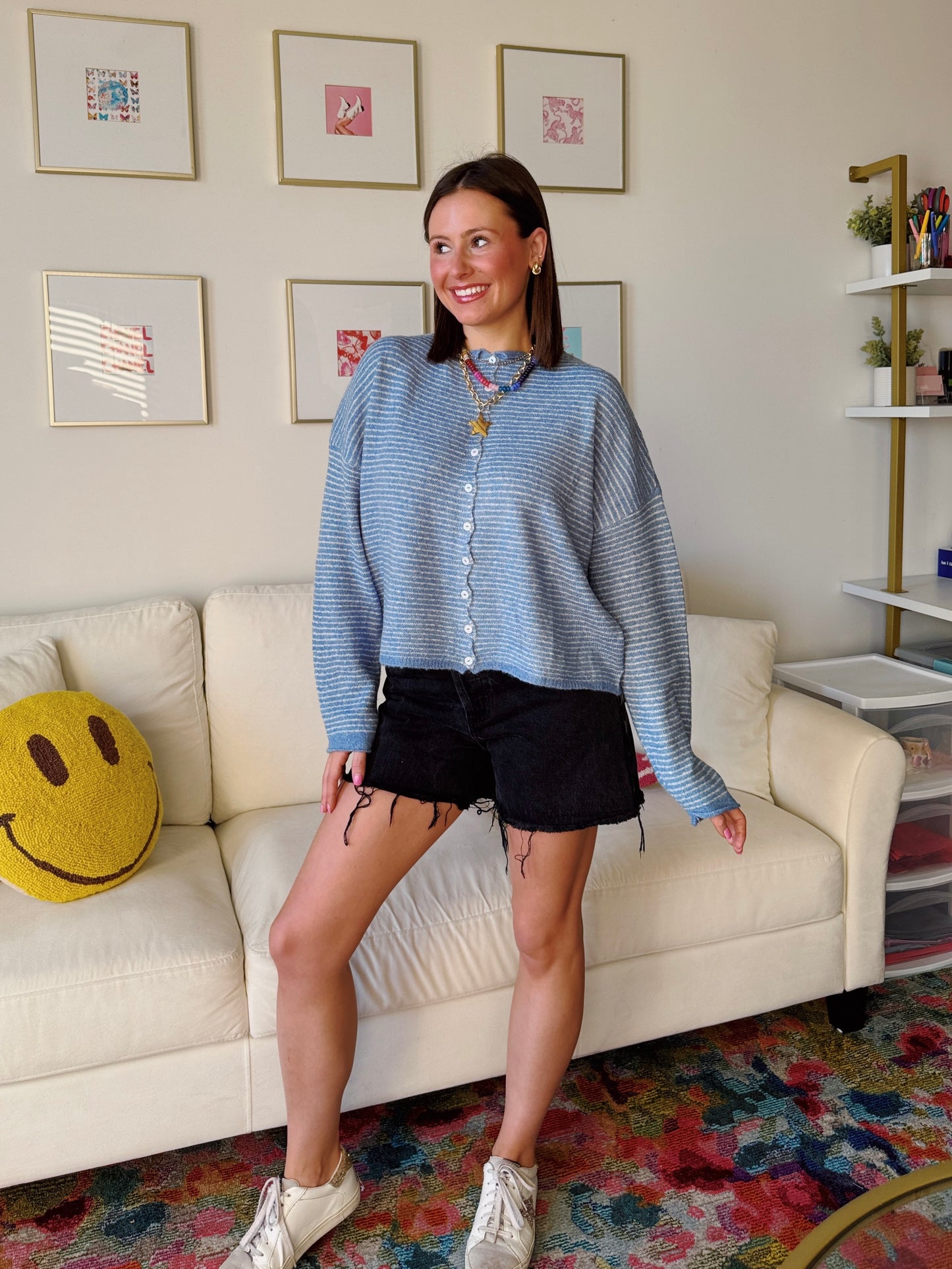 Coffee Run Pinstriped Button Down Cardigan