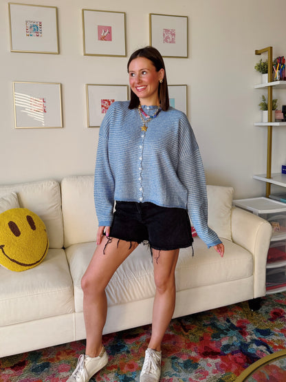 Coffee Run Pinstriped Button Down Cardigan