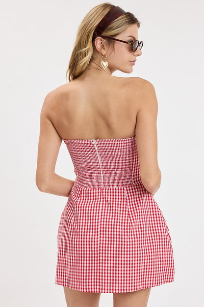 Miss Americana Strapless Gingham Romper Dress