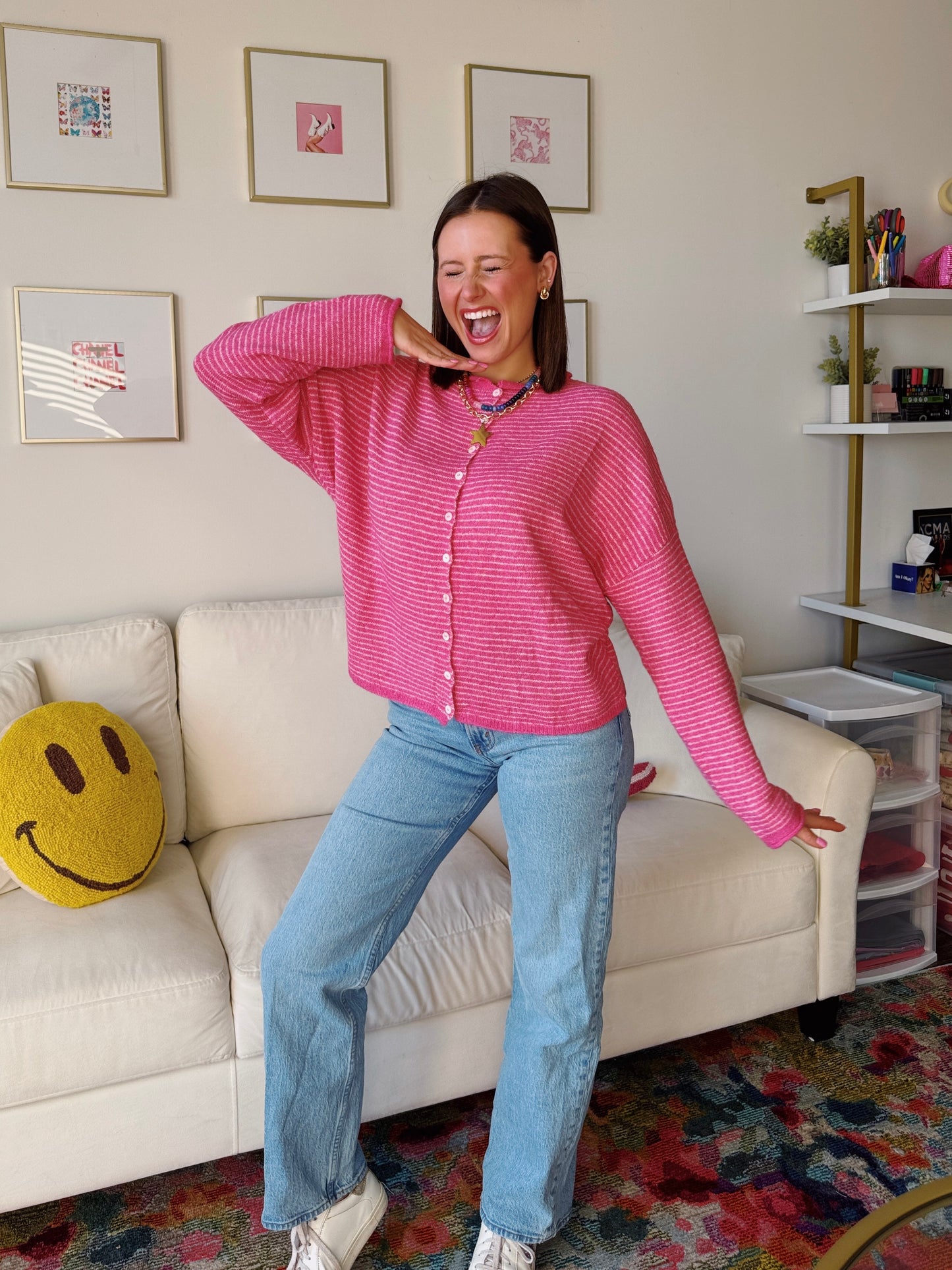 Coffee Run Pinstriped Button Down Cardigan