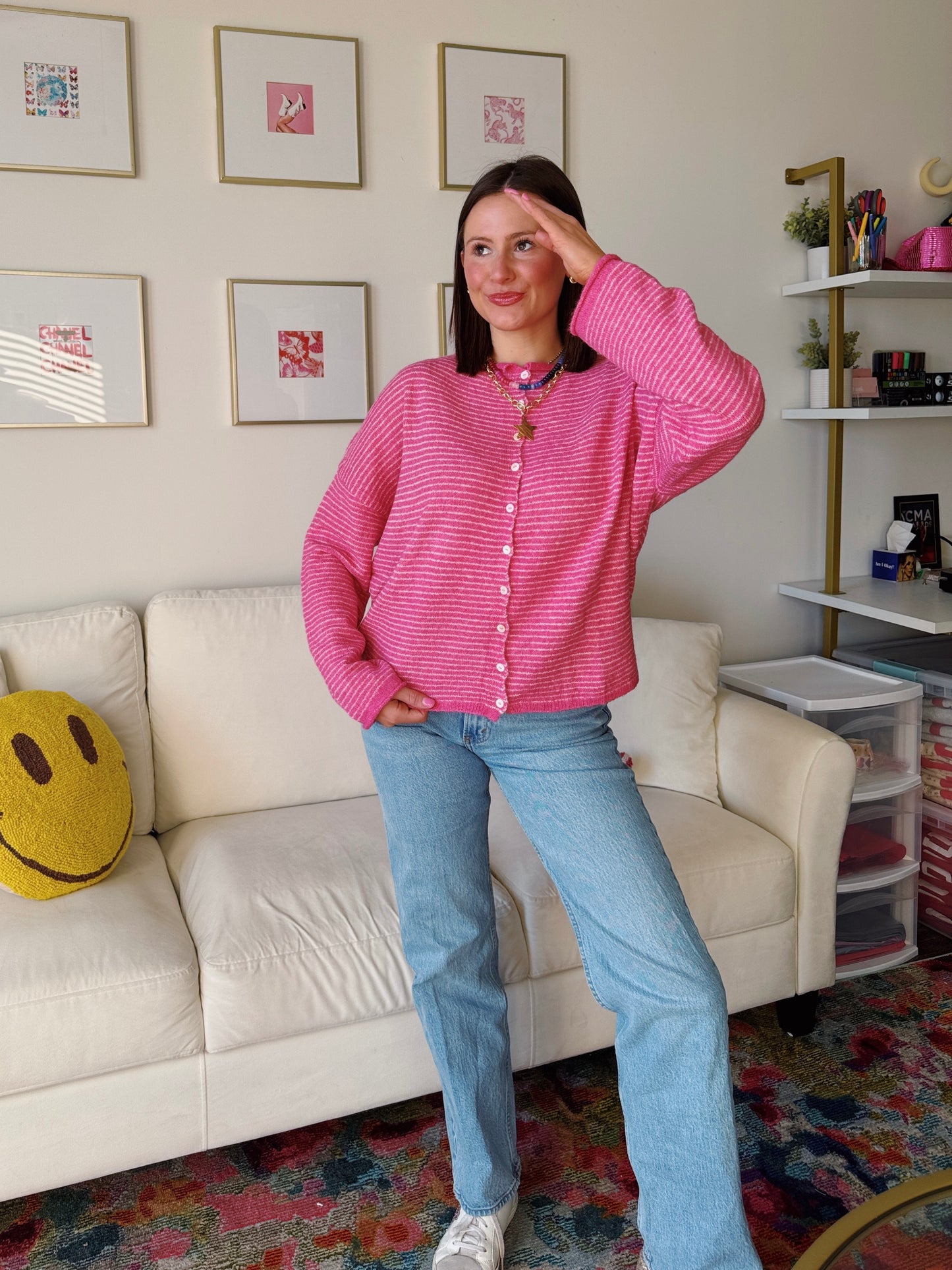 Coffee Run Pinstriped Button Down Cardigan