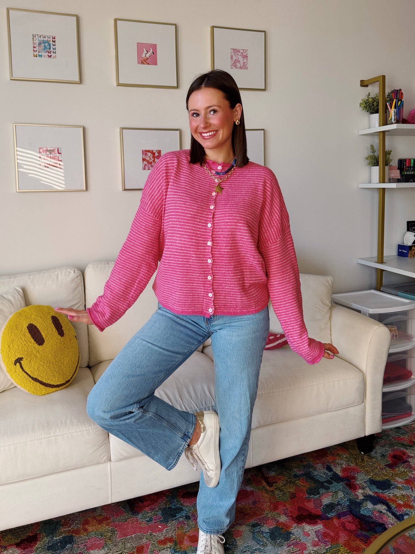 Coffee Run Pinstriped Button Down Cardigan