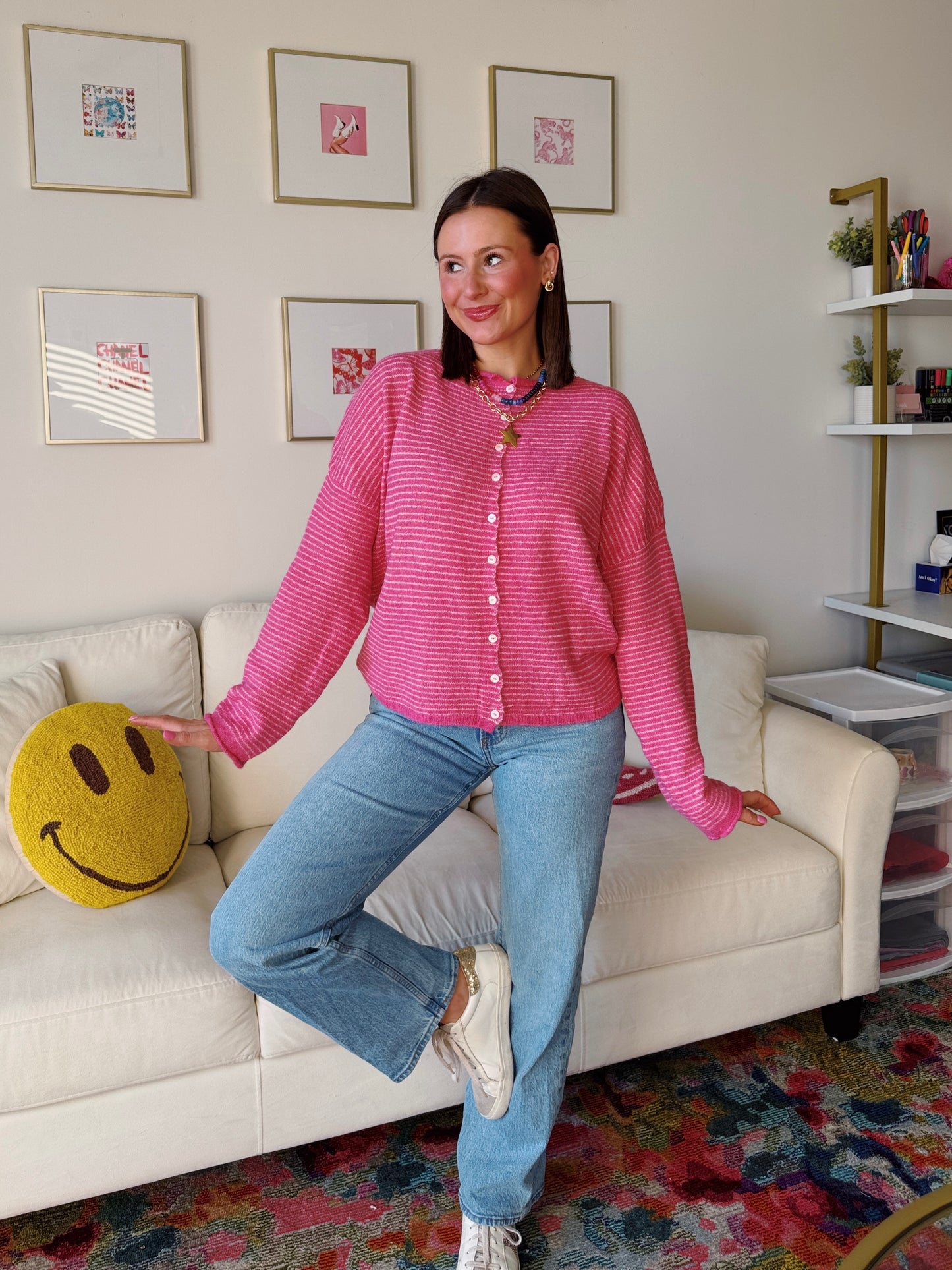 Coffee Run Pinstriped Button Down Cardigan