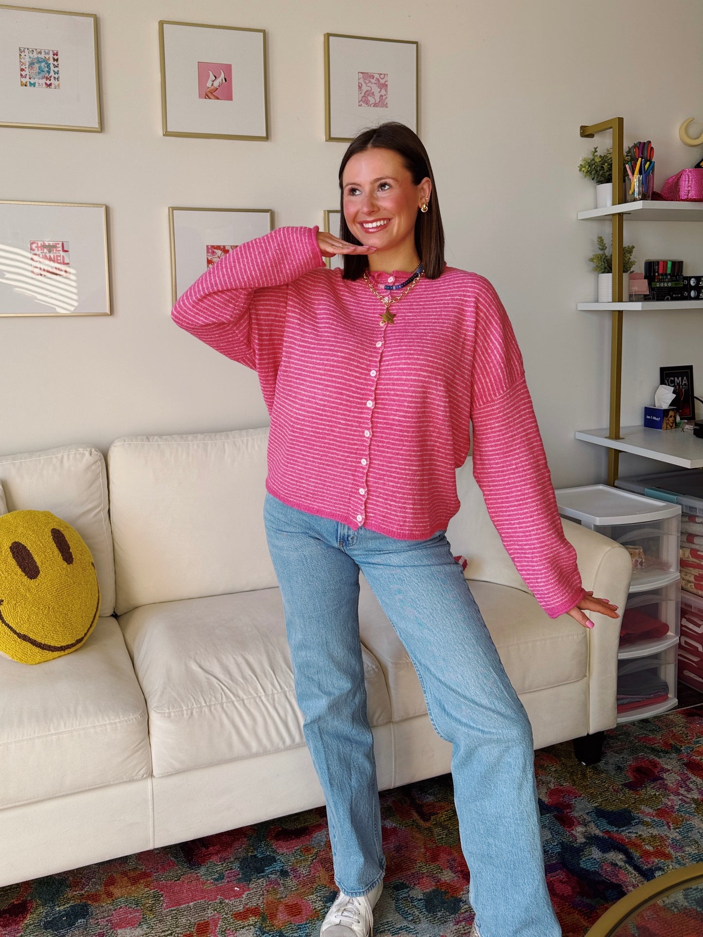 Coffee Run Pinstriped Button Down Cardigan