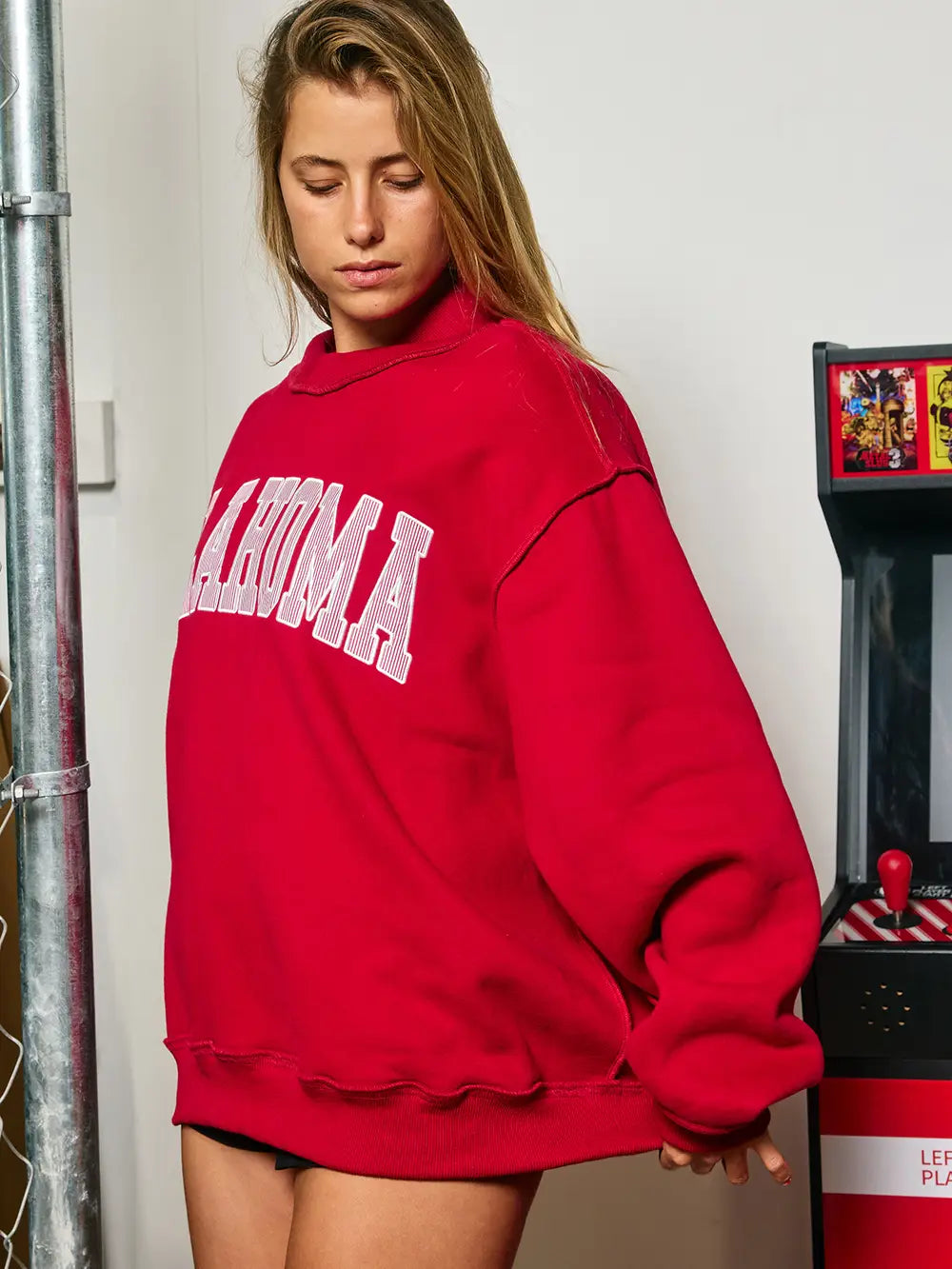 Pinstripe Embroidered Oklahoma Mock Neck Sweatshirt
