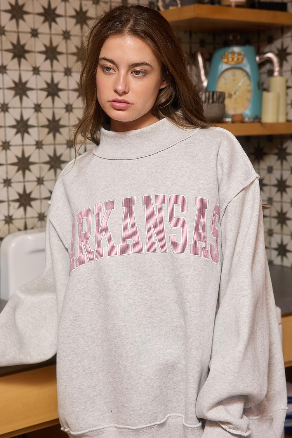 PREORDER: Pinstripe Embroidered Arkansas Mock Neck Sweatshirt (EARLY JULY)