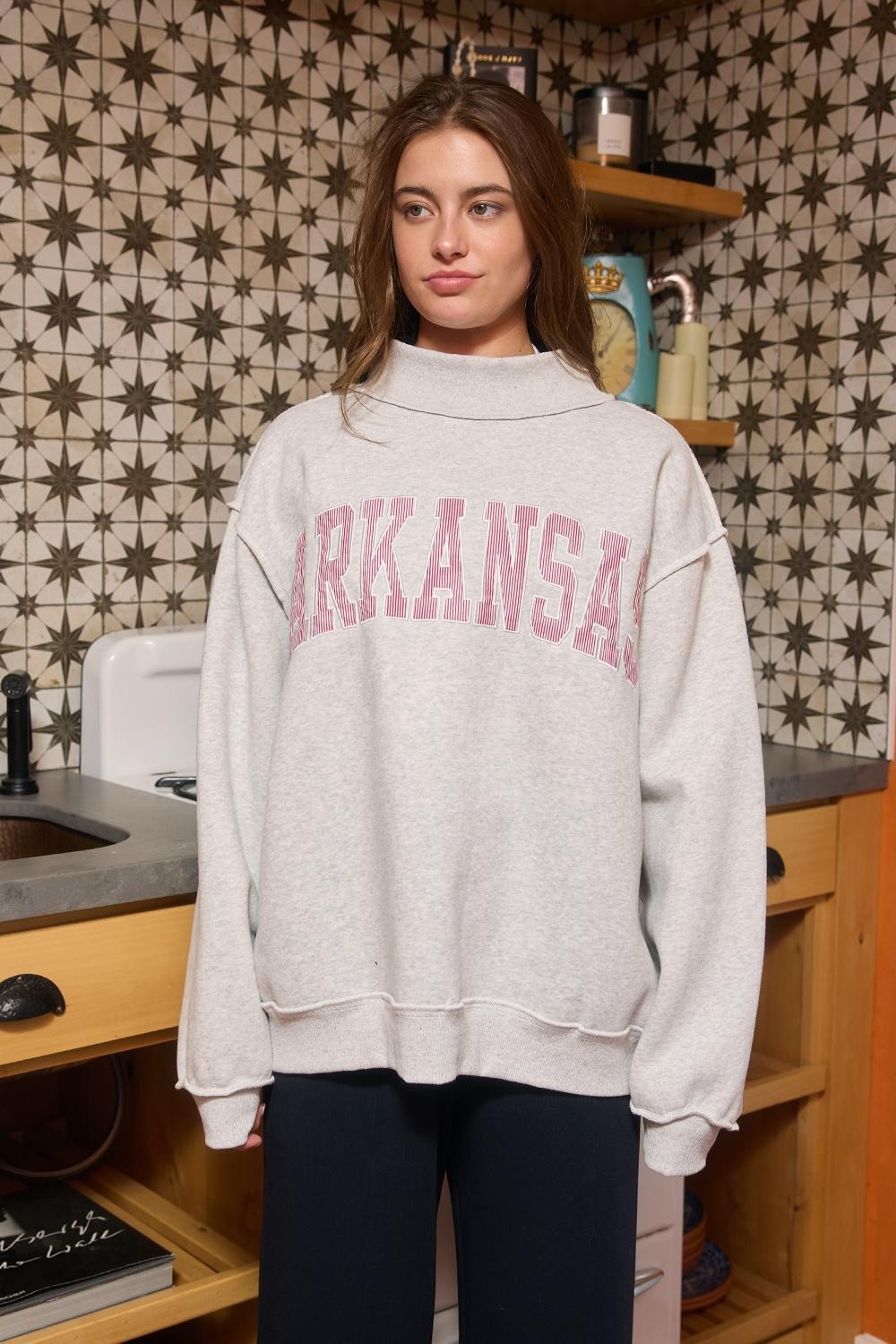 PREORDER: Pinstripe Embroidered Arkansas Mock Neck Sweatshirt (EARLY JULY)