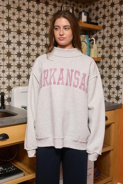 PREORDER: Pinstripe Embroidered Arkansas Mock Neck Sweatshirt (EARLY JULY)