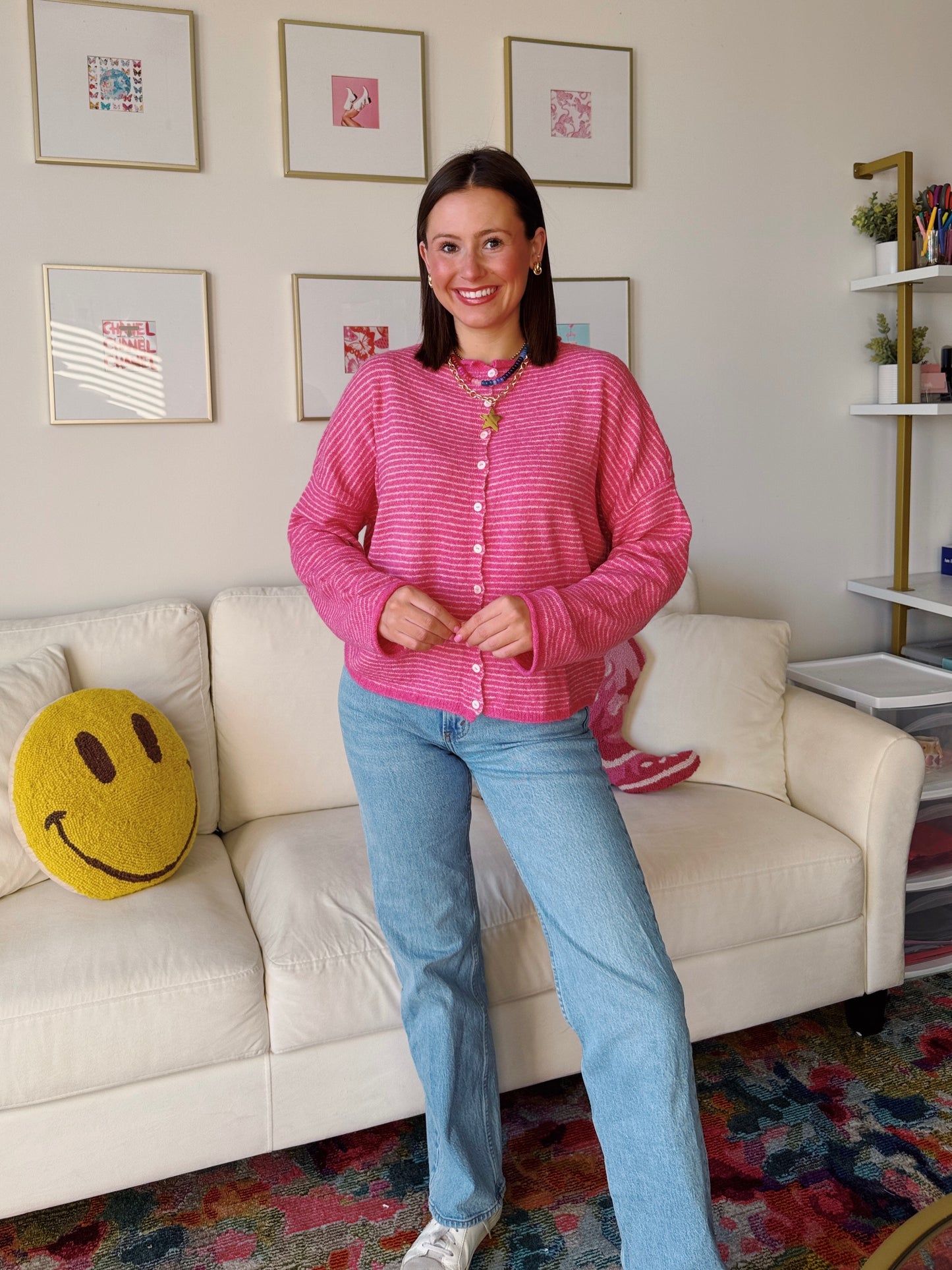 Coffee Run Pinstriped Button Down Cardigan