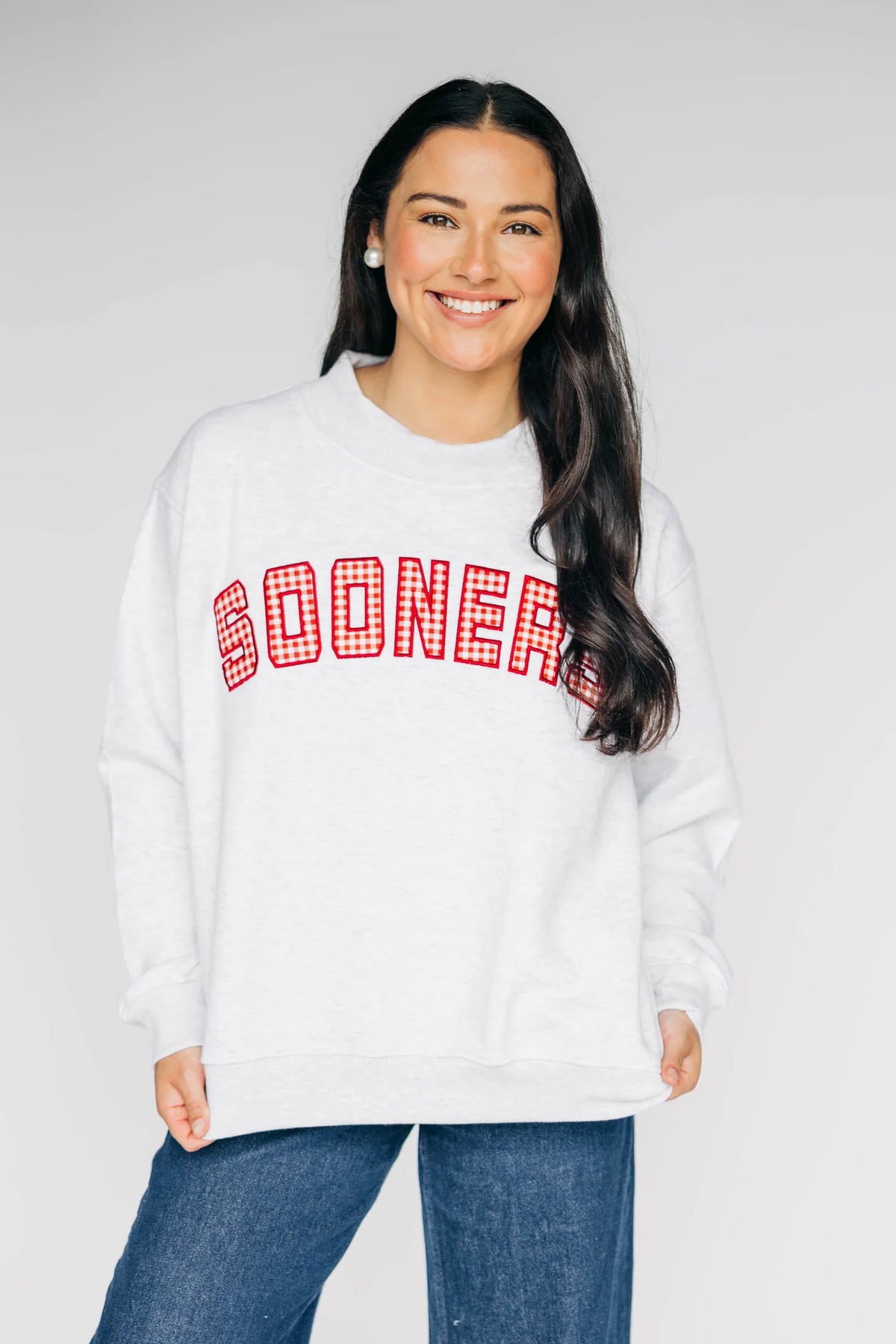 Gingham Embroidered Oklahoma Sooners Mock Neck Sweatshirt