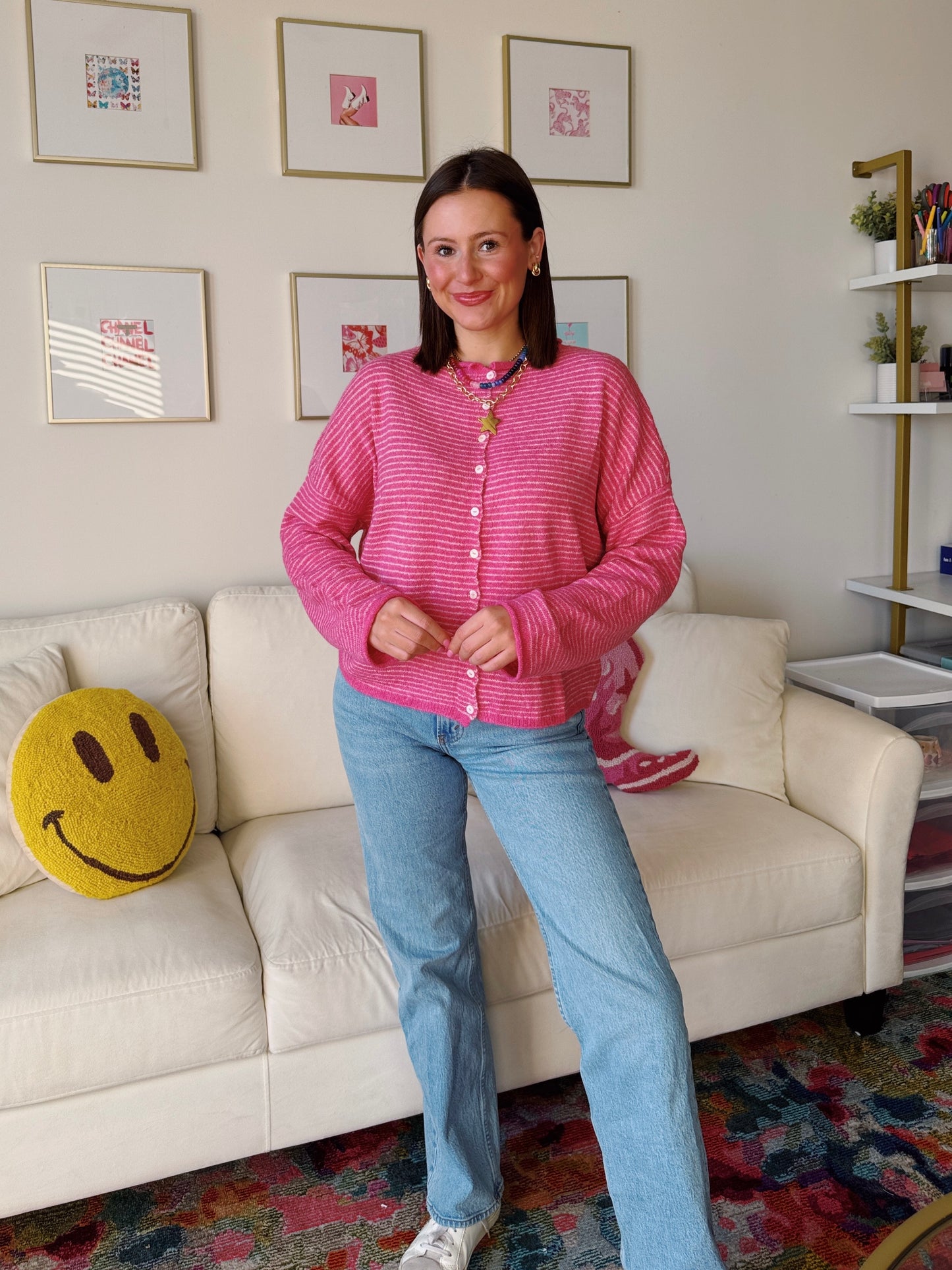 Coffee Run Pinstriped Button Down Cardigan