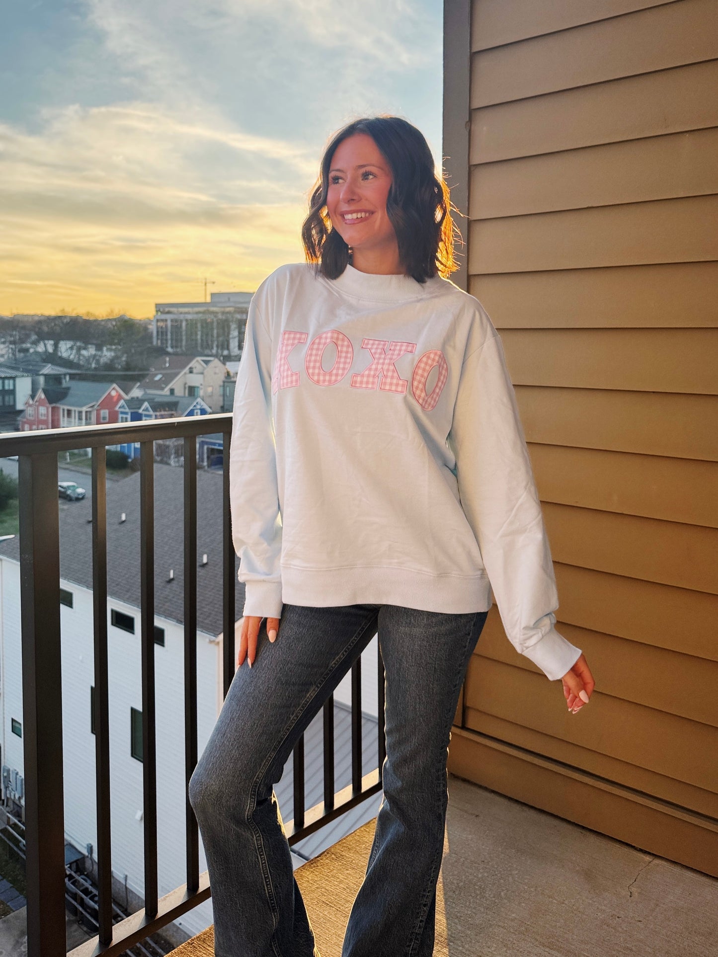 XOXO Gingham Mock Neck Sweatshirt