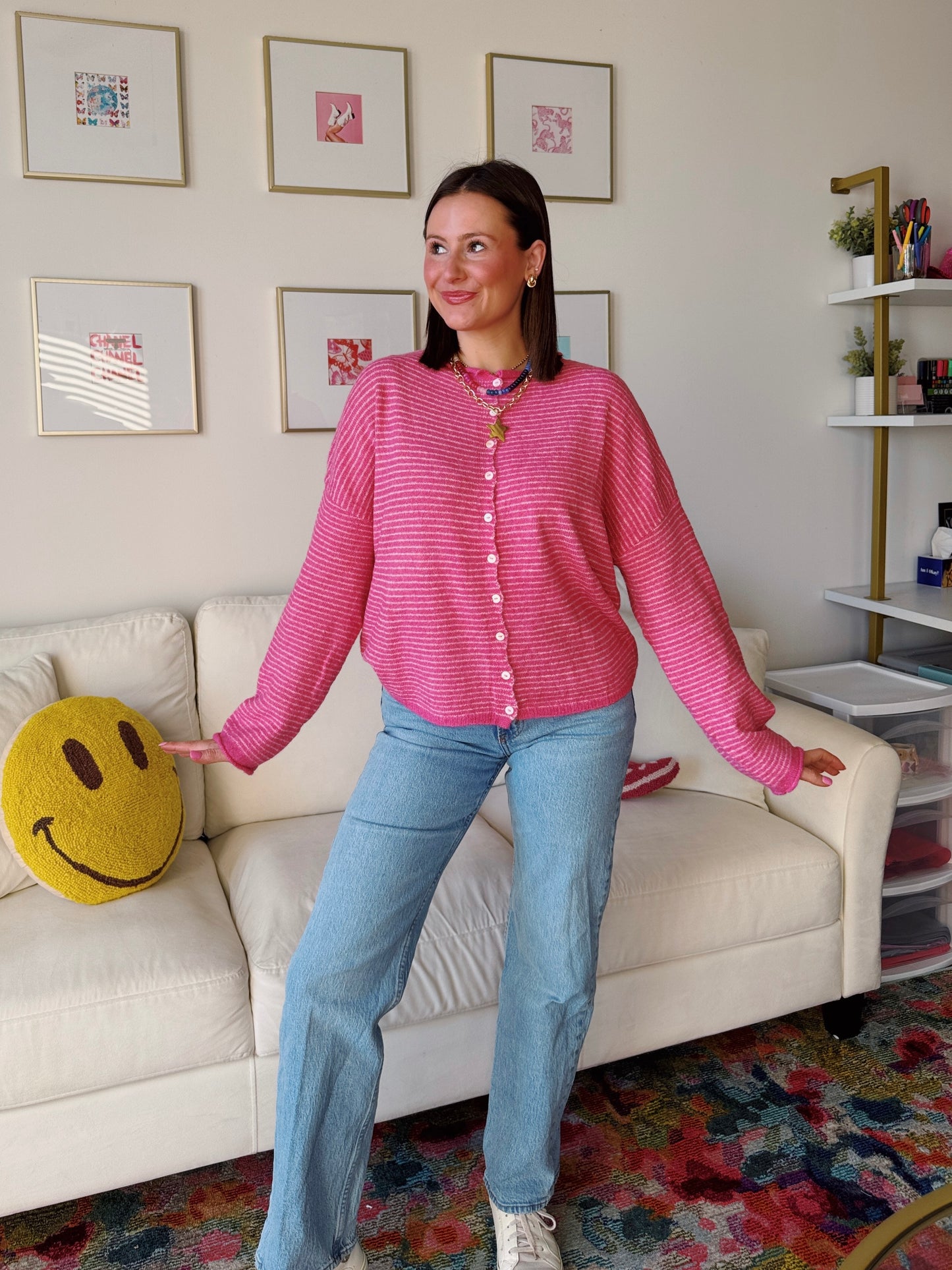 Coffee Run Pinstriped Button Down Cardigan