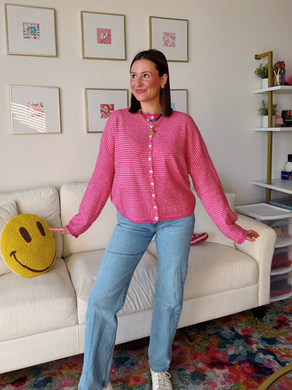 Coffee Run Pinstriped Button Down Cardigan