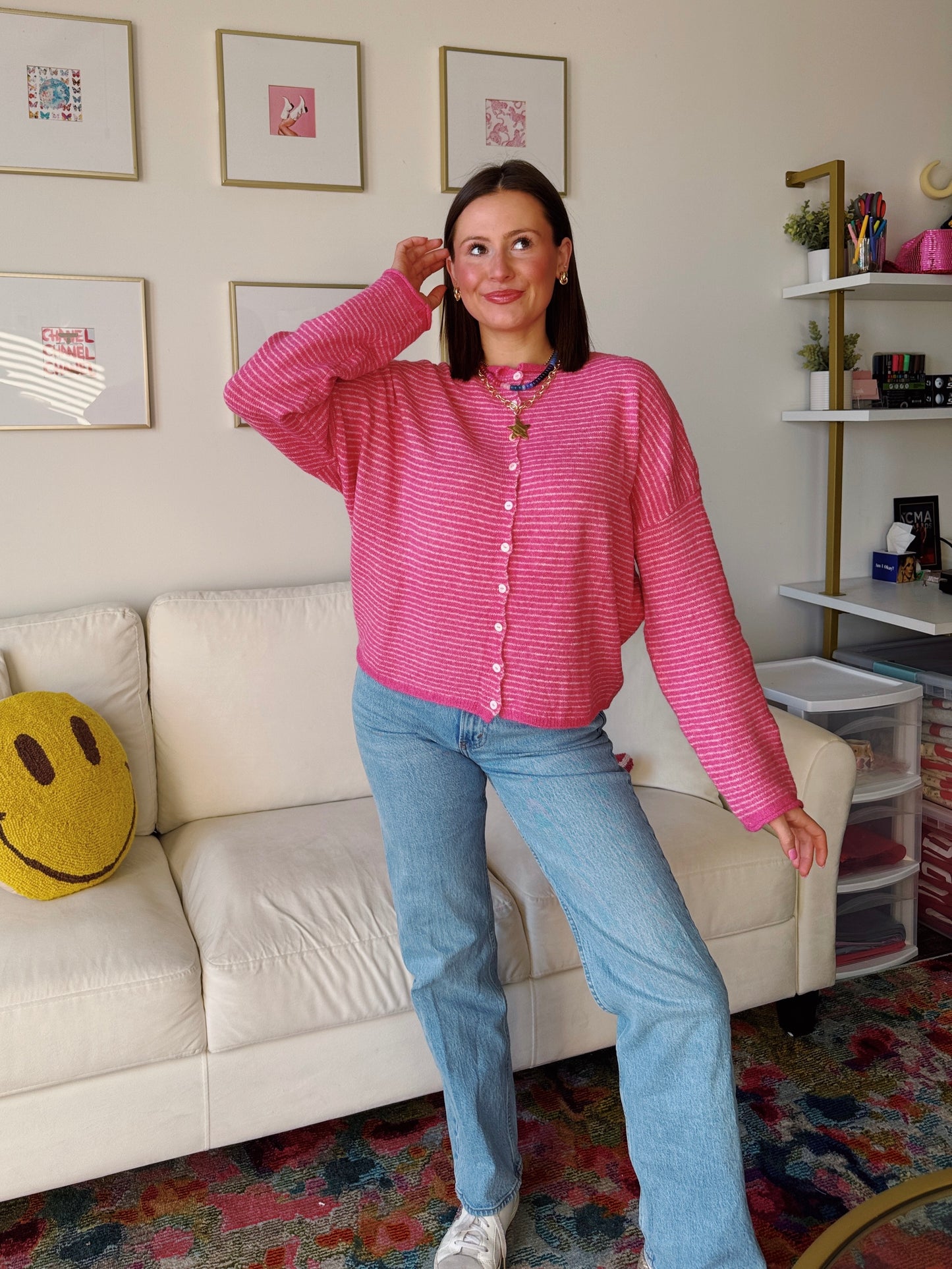 Coffee Run Pinstriped Button Down Cardigan