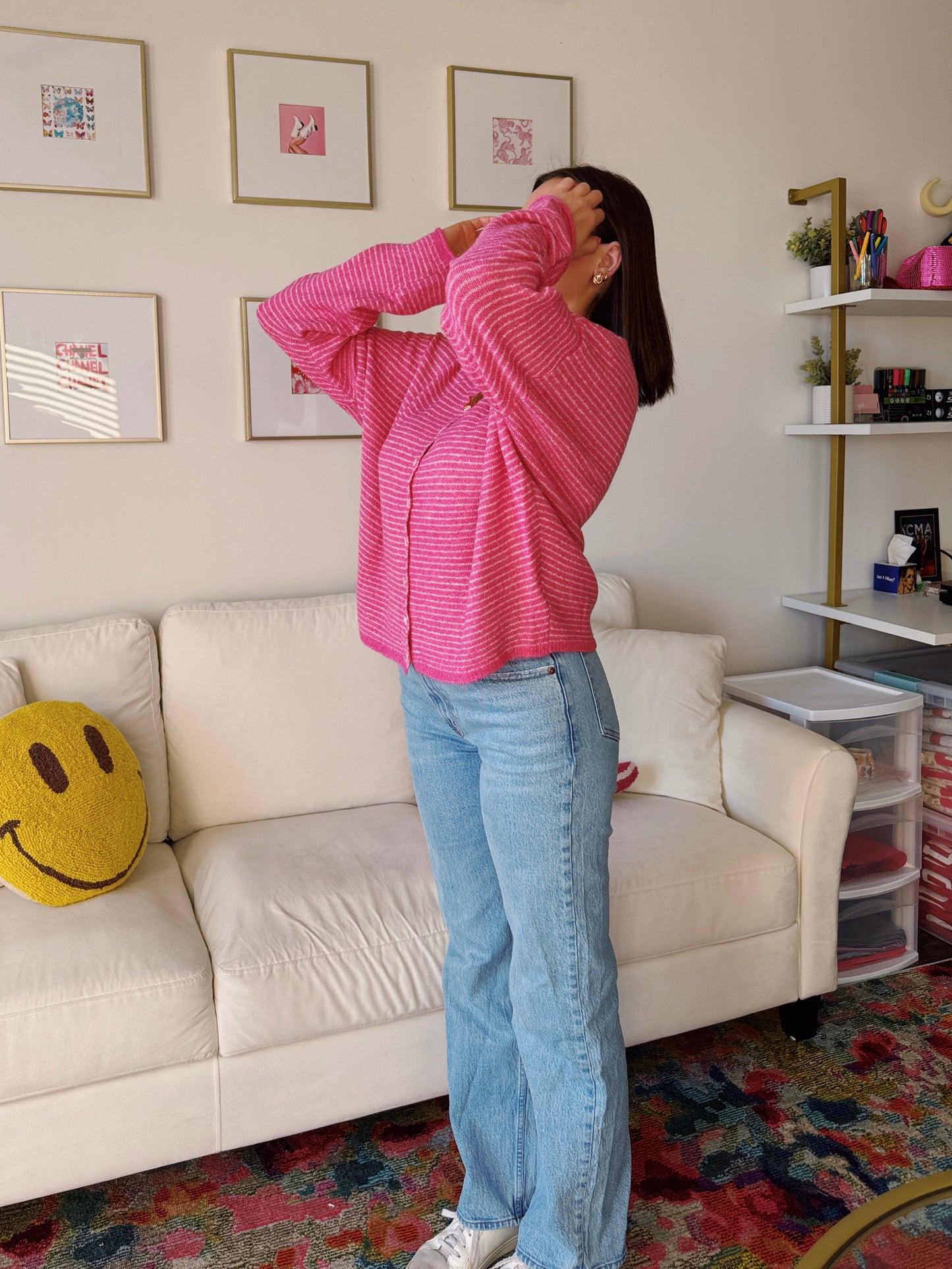 Coffee Run Pinstriped Button Down Cardigan