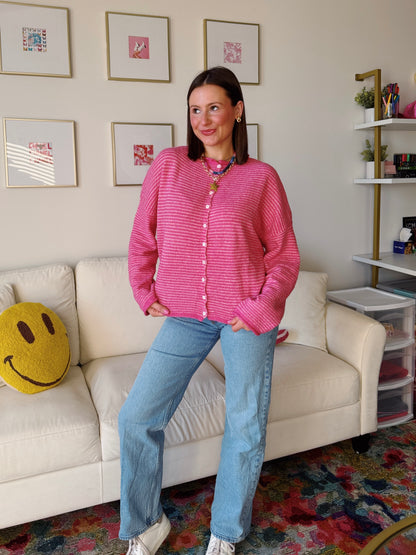 Coffee Run Pinstriped Button Down Cardigan