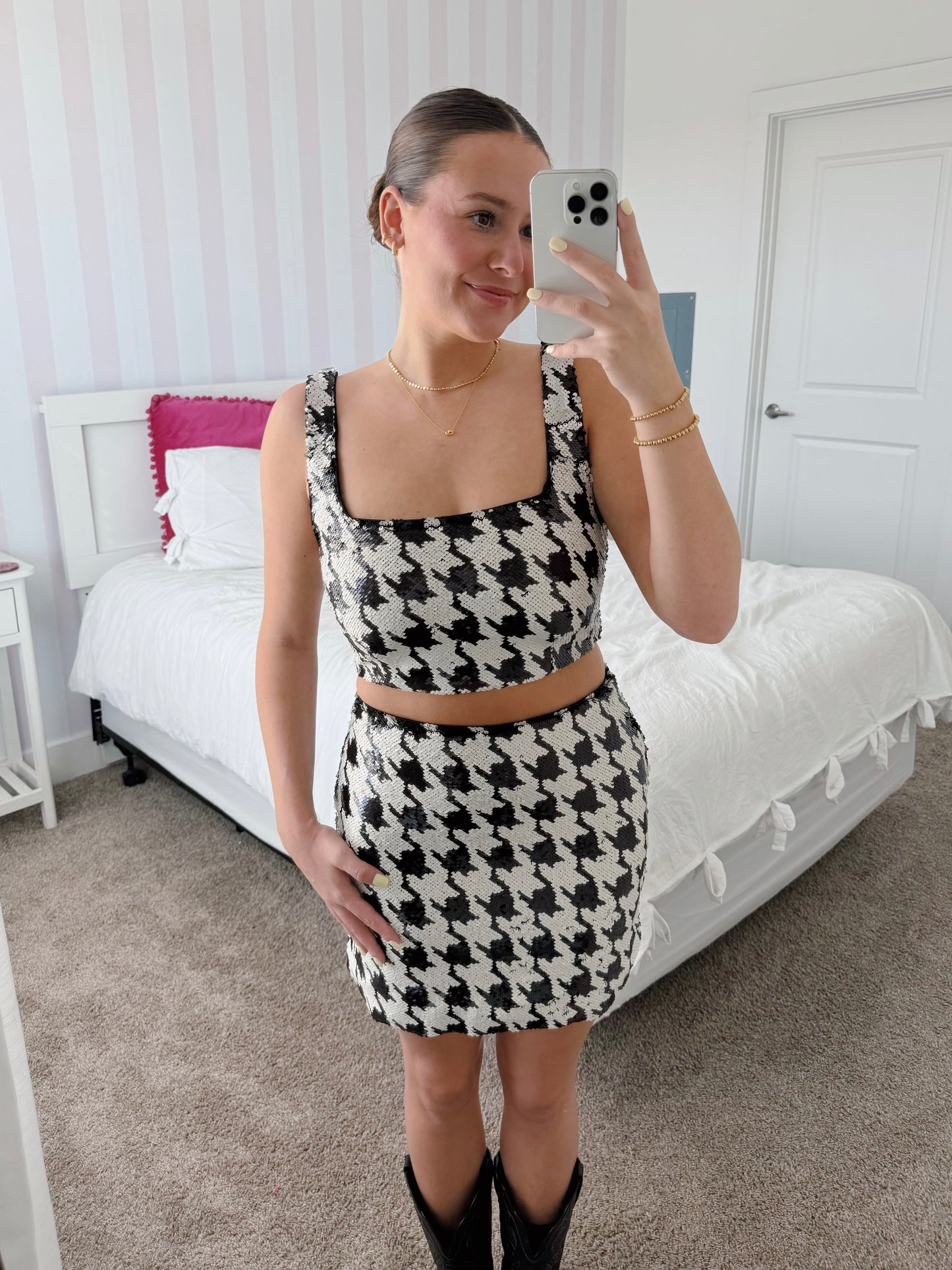 Double Trouble Sequin Houndstooth Top & Skirt Set