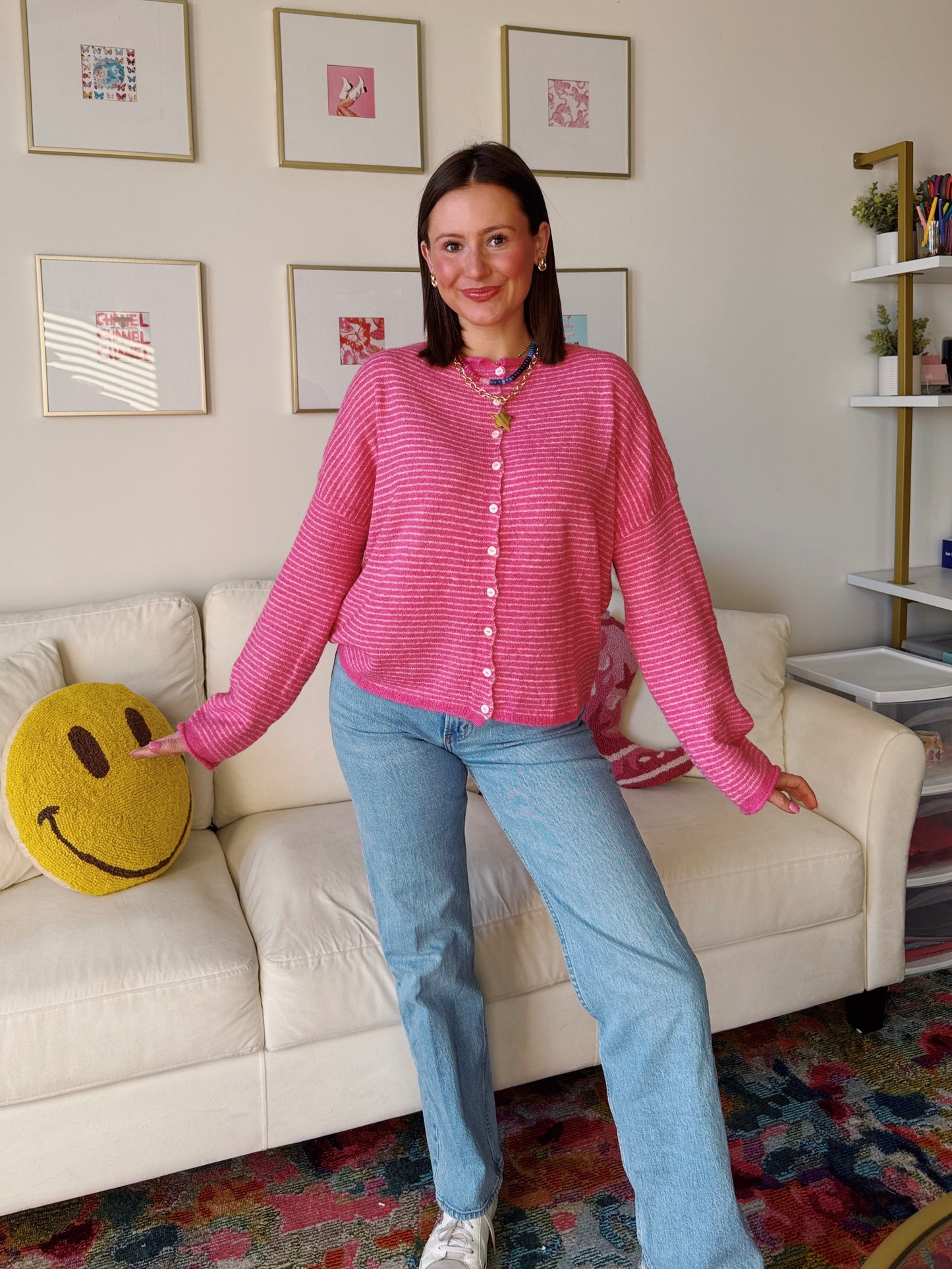 Coffee Run Pinstriped Button Down Cardigan