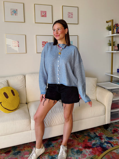 Coffee Run Pinstriped Button Down Cardigan