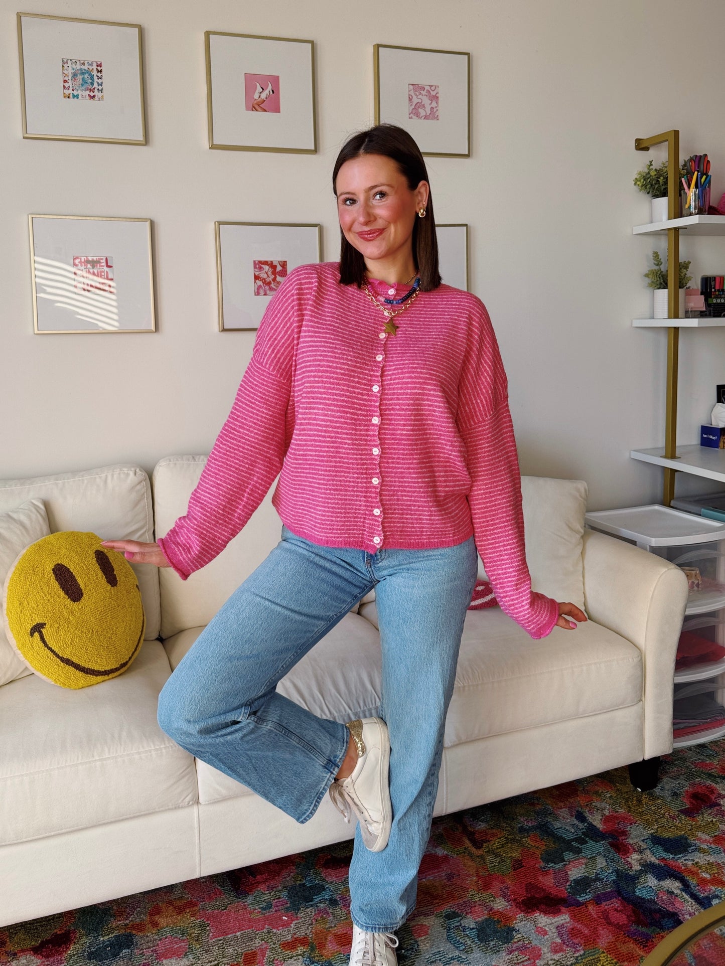 Coffee Run Pinstriped Button Down Cardigan