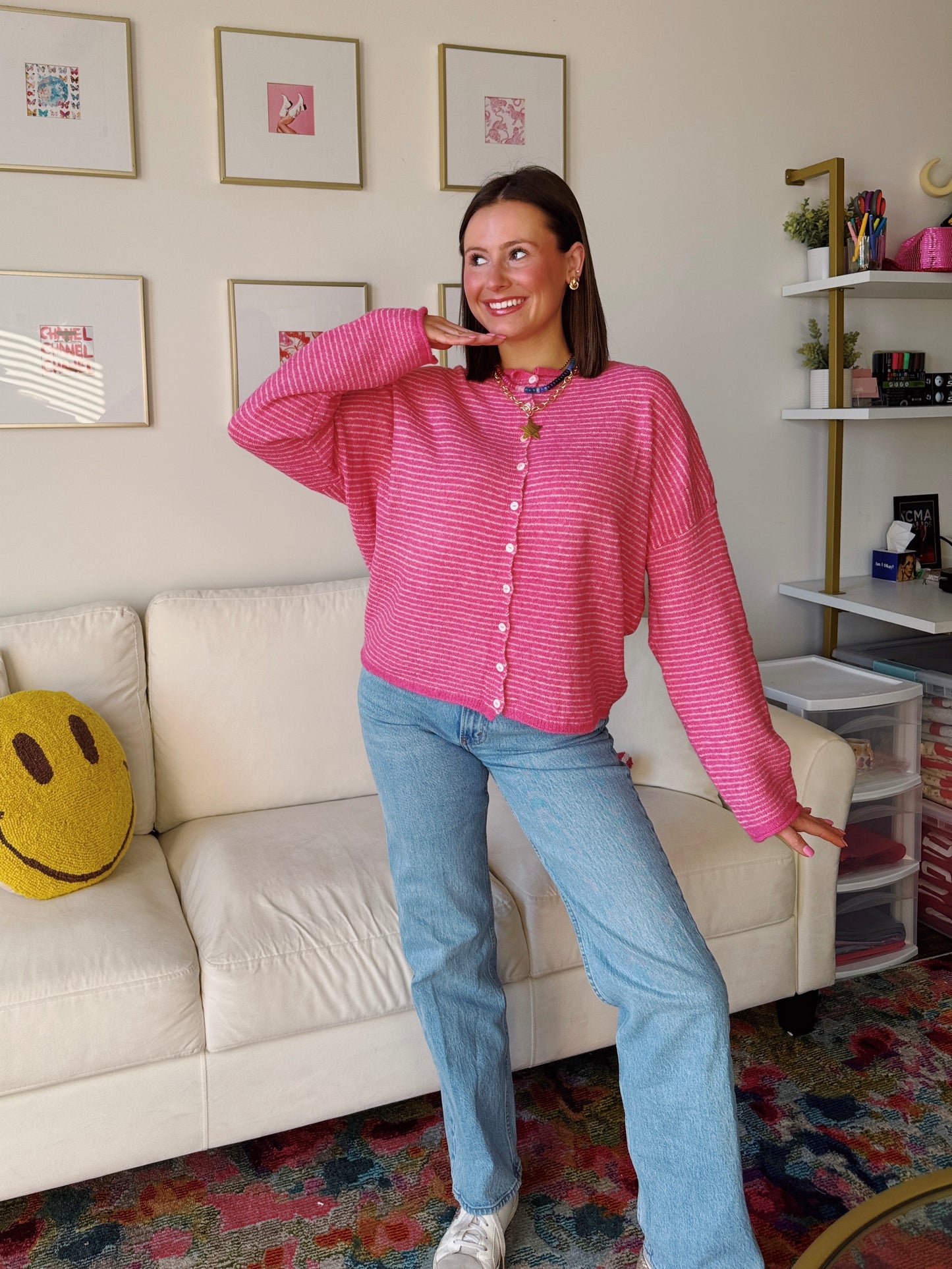 Coffee Run Pinstriped Button Down Cardigan