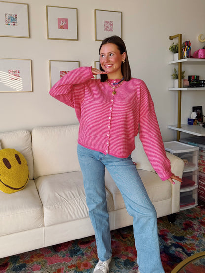 Coffee Run Pinstriped Button Down Cardigan