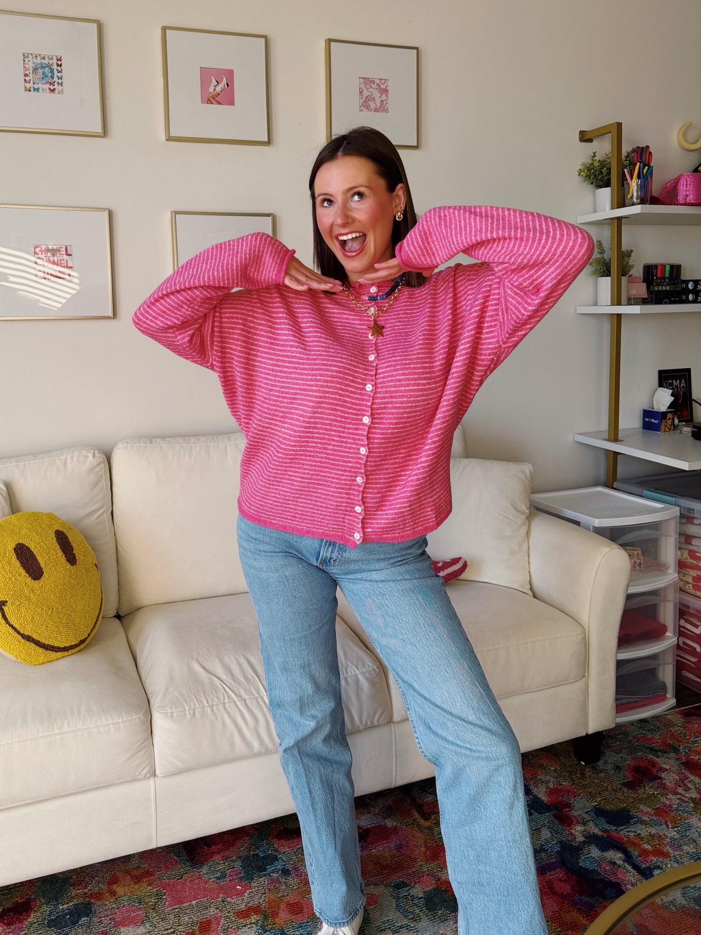 Coffee Run Pinstriped Button Down Cardigan