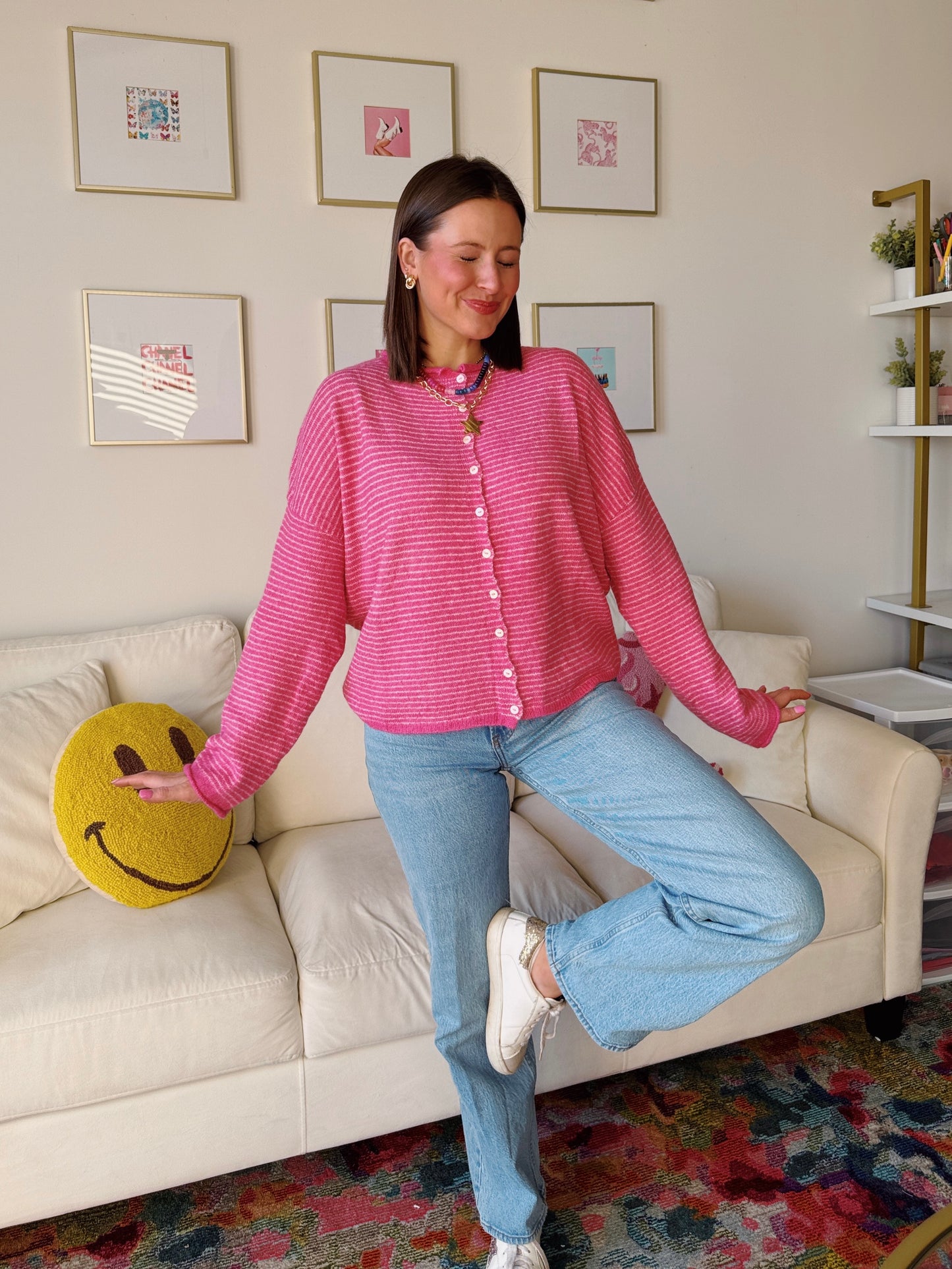 Coffee Run Pinstriped Button Down Cardigan