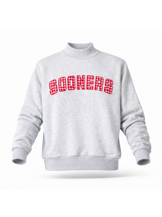 PREORDER: Oklahoma Sooners Embroidered Gingham Mock Neck Sweatshirt (LATE MARCH)