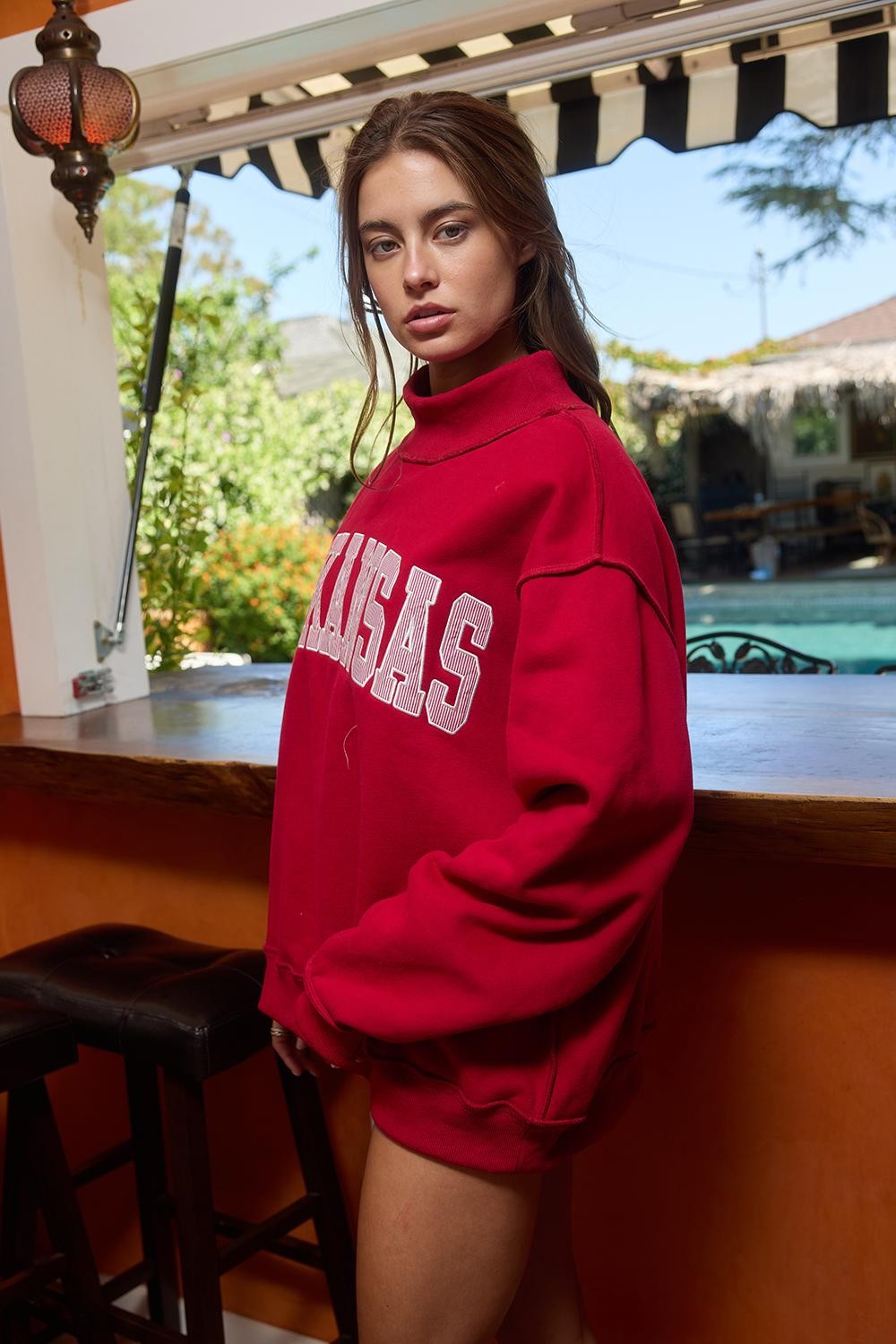 PREORDER: Pinstripe Embroidered Arkansas Mock Neck Sweatshirt (EARLY JULY)