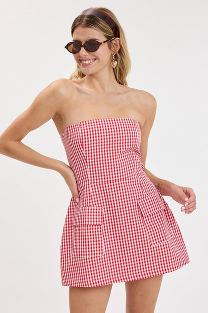 Miss Americana Strapless Gingham Romper Dress